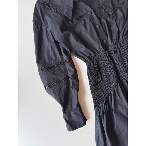 SELF PORTRAIT Black One Shoulder Cotton Poplin Ruched Crochet Trim Dress, Size 0 - Picture 5 of 11